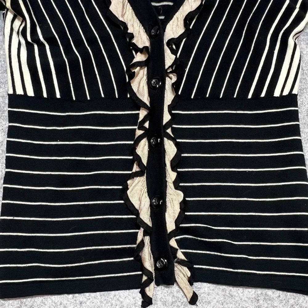CAbi Flirt Striped Ruffle Cardigan Sweater Womens Small Black Cream 3/4 Sleeve